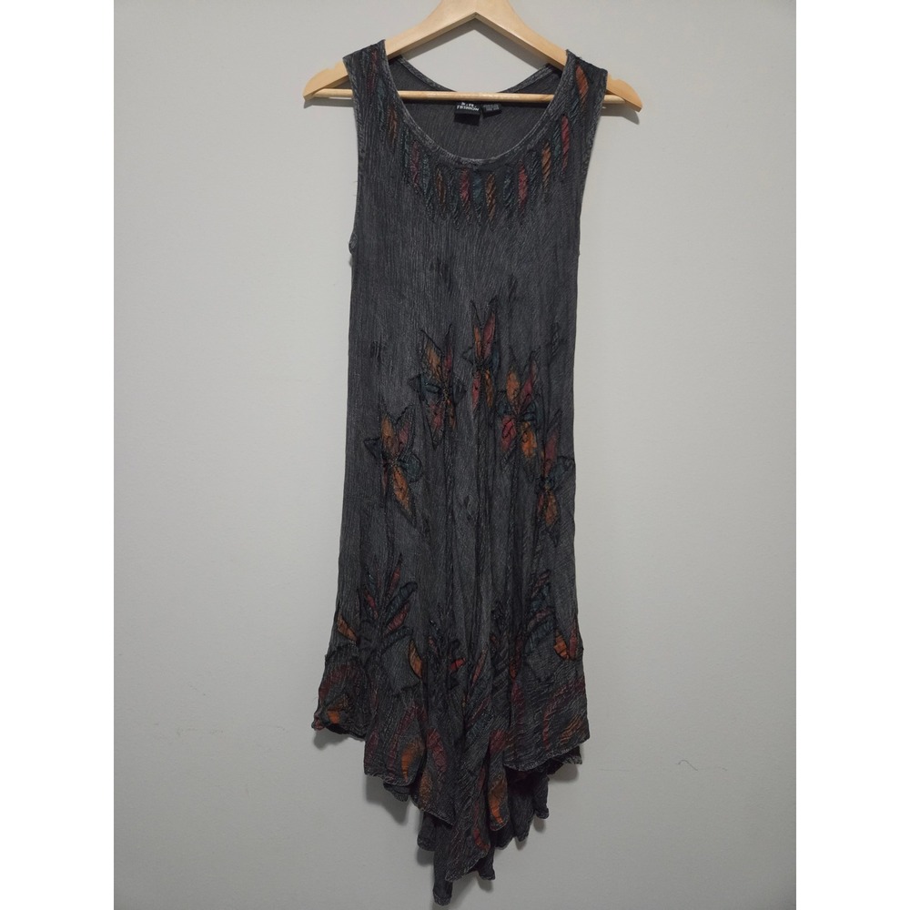 S.R. Fashion Gray Embroidered Rayon Handkerchief Hem Midi Dress Free Size